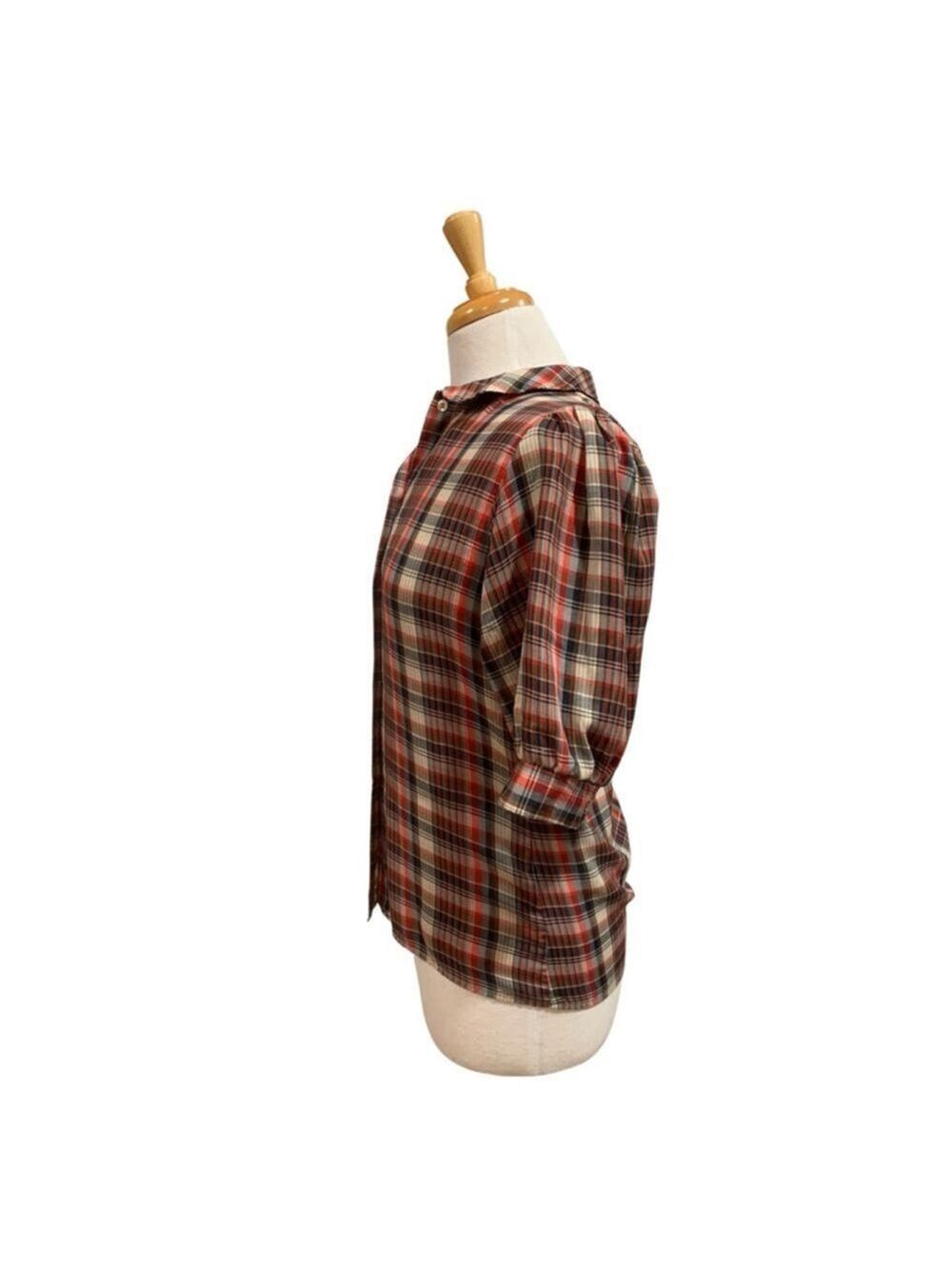 Vntg 80’s Women's White Stag Plaid Button Down short sleeved Shirt Red Brown M - Picture 2 of 6